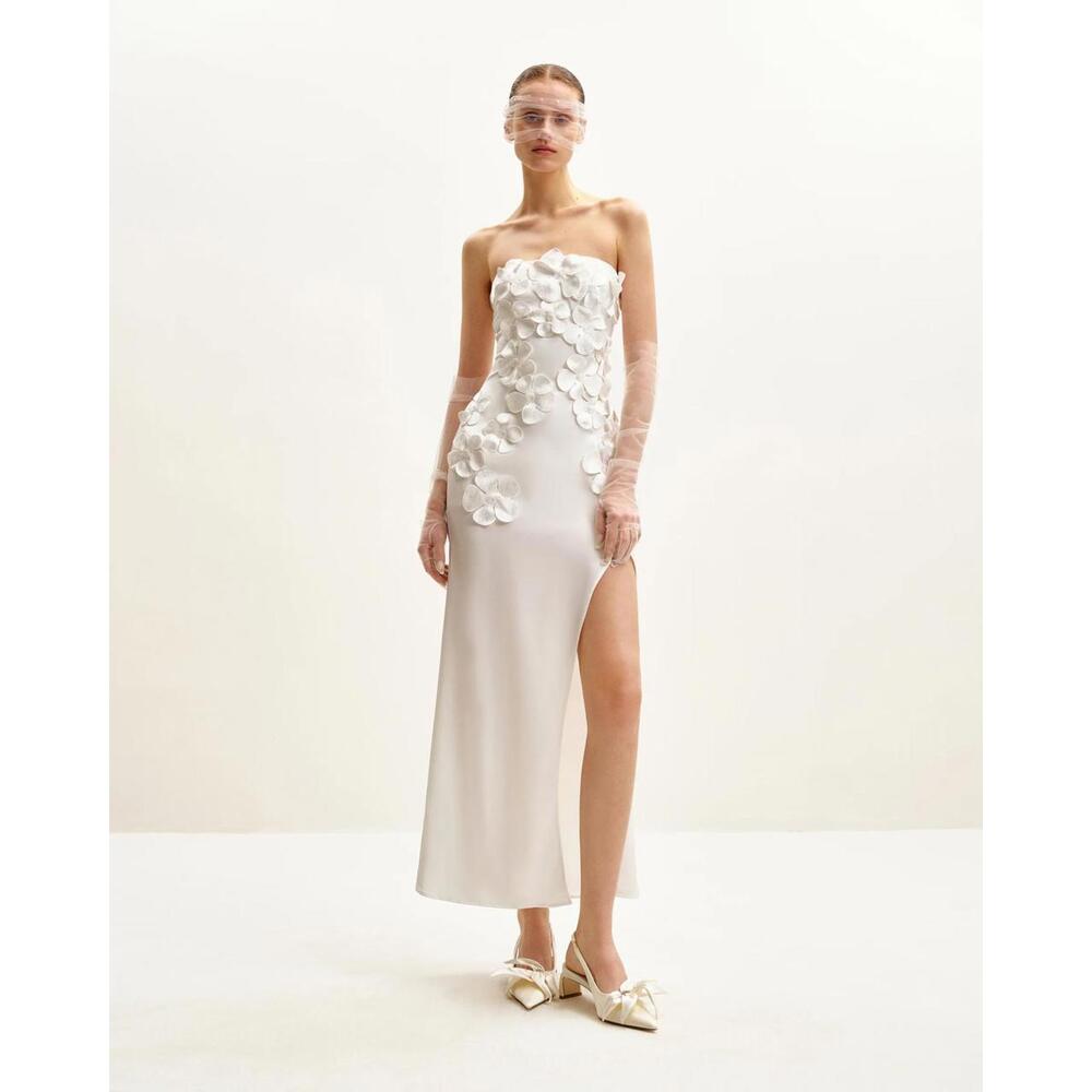 JW PEI Strapless Floral Appliqué Bridal Dress White Wedding Shower Beach Bride